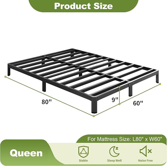 Yicensen 9 Inch Queen Bed Frame Rounded Corner Legs No Box Spring Needed, Heavy Duty Metal Queen Size Platform Bed Frame, Easy Assembly, Noise Free, Black