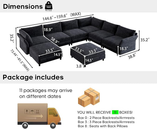 DreamDashio 159" 8-Seat U-Shaped Sectional Sofa, Oversized Modular Cloud Couch with Storage, Adjustable Arms & High Back, Dark Grey Chenille for Large Living Room