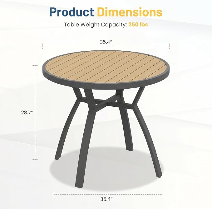 Aluminum Outdoor Table for All-Weather, 35.4" Patio Tables with Heavy Duty HDPS Round Tabletop, Outside Table with Quick-Drying Slatted Design for Patio, Garden, Deck, Porch, Poolside, Backyard