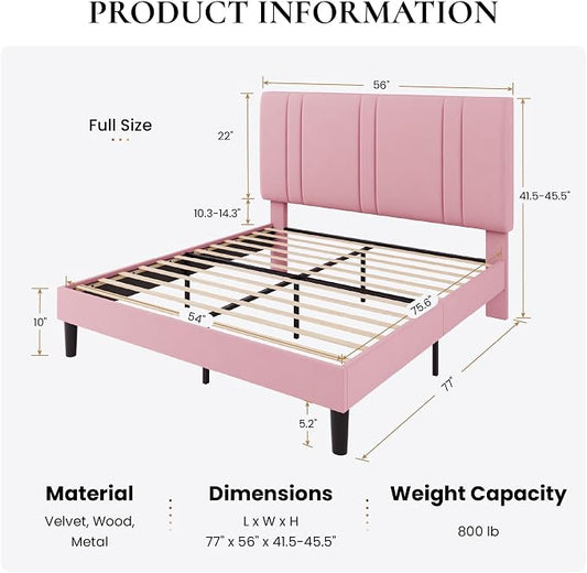 SHA CERLIN Full Size Platform Bed Frame, Velvet Upholstered Bed with Adjustable Headboard, Vertical Channel Tufted Design, Sturdy Wood Slat Support, No Box Spring Needed, Easy Assembly, Pink