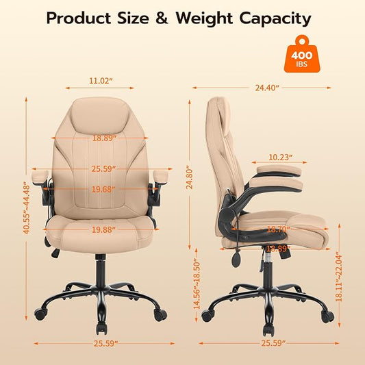 Ylzyxal Office Desk Chair, Ergonomic Computer Chair with Padded Flip-Up Arms and Adjustable Lumbar Support, PU Leather Executive Chair with Tilt Lock and 360° Swivel Rolling Wheels for Work, Study