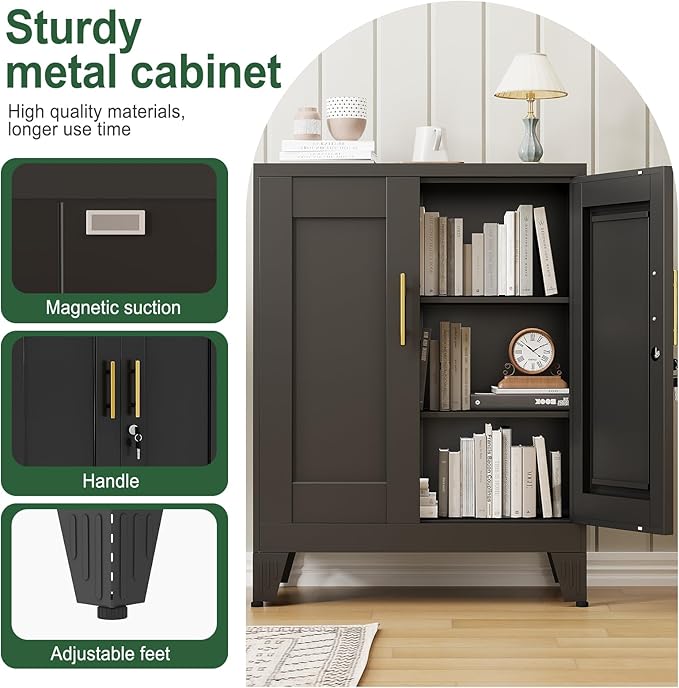 Black Metal Storage Cabinet, 36" Tall Locking Storage Cabinet, 14”D | with 2 Adjustable Shelves, Steel Locker Organizer, Metal Freestanding Buffet Cupboards Sideboard for Office, Home, School,2PS