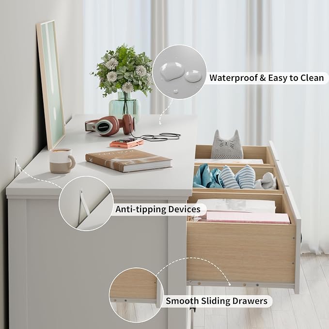 CARPETNAL White Dresser for Bedroom, 7 Drawer Dresser with Wide Drawers and Metal Handles, Wood Dressers & Chests of Drawers for Hallyway, Entryway