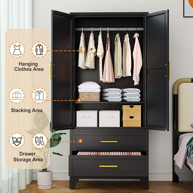 Metal Wardrobe Storage Cabinet with Mirror and Hanging Rod,71'' Metal Clothing Cabinet with 2 Doors and 2 Adjustable Shelves for Bedroom, Laundry Room, Cloak Room (Black)
