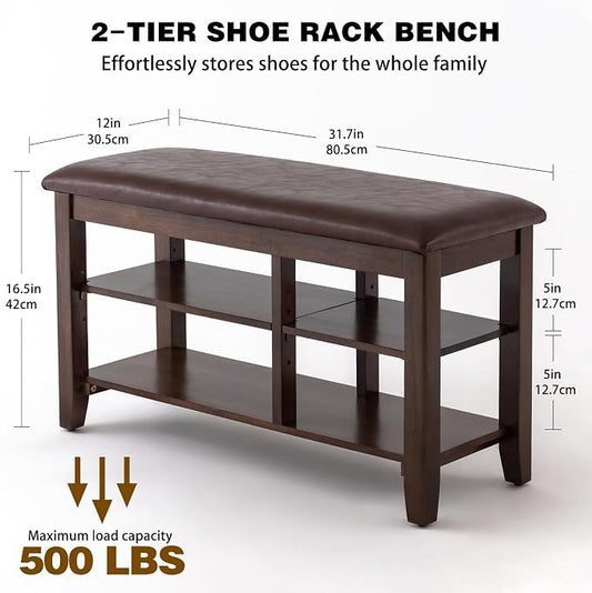 PY HOME & SPORTS Shoe Rack for Entryway 31.5": 2-Tier Shoe Storage Bench, Adjustable/Removable Shelves, Rubberwood Shoe Benches for Hallway, Porch, Bathroom, Brown