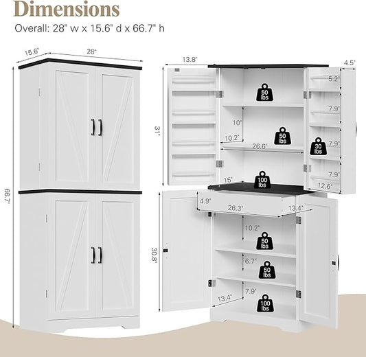 Vongrasig Kitchen Pantry Storage Cabinet with Barn Doors, Drawer and Adjustable Shelves, 6-Tier Tall Rustic Wood Cupboard Locker for Kitchen, Dining Room, Living Room, Bathroom, (White)