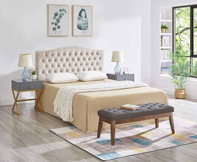 24KF Linen Upholstered Buttons Tufted Entryway Bench with Solid Wood Leg,Bed Bench Ottoman with Padded Seat,5034-Dark Gray