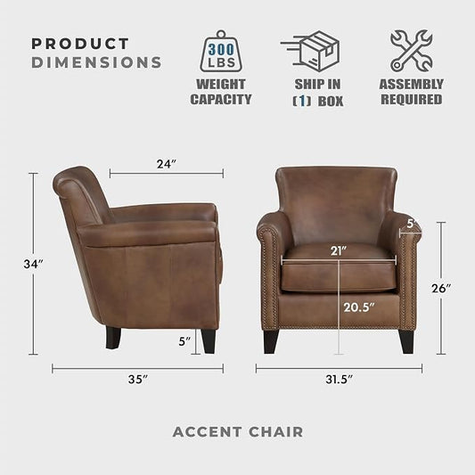Lexicon 100% Top Grain Genuine Leather Chair, Leather Accent Chairs for Living Room, Solid Wood Frame, Rolled Armrest & Nailhead Trim, Comfy Reading for Bedroom, Office, Waiting Room, Classic Brown