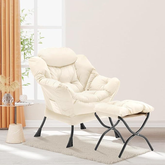 Youtanic Lazy Chair with Folding Ottoman, Accent Chair Velvet Upholstered with Metal Structure and Non-Slip Pads, Sofa Armchair with Footrest and Side Storage Bag for Dorm, Room, Office, Beige