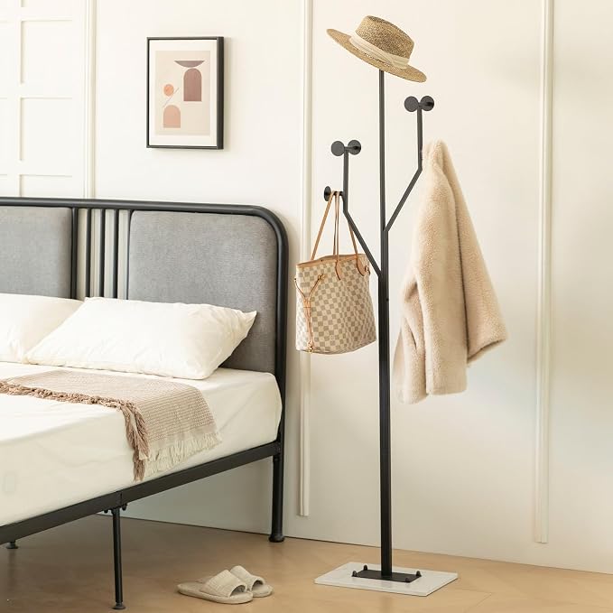 JIAYUEJU Heavy Duty Coat Rack Tree-shaped Metal Freestanding Coat Tree with Sturdy Marble Base Corner Coat Rack for Bedroom Entryway Hallway 14.96 x 10.24 x 68.9 Inches (Black)