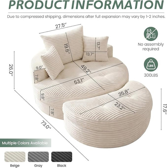 Oversized Round Chaise Lounge Chair, Deep Seat Cloud Boneless Floor Sofa Couch, Upholstered Corduroy Sleeper with 3 Pillows & Optional Ottoman, No Assembly Modern Lazy Floor Lounger for Living Room