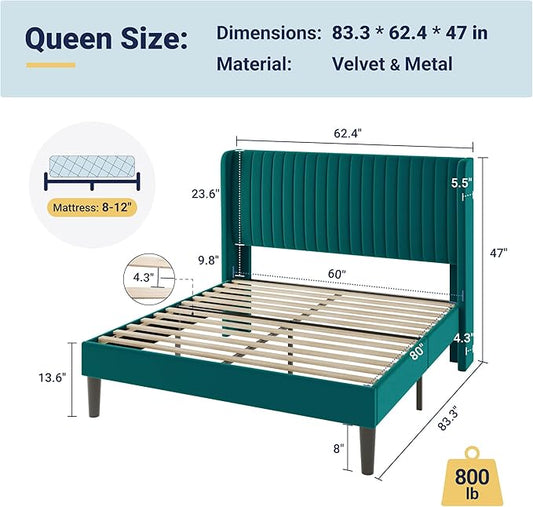 Allewie Queen Size Bed Frame/Velvet Upholstered Platform Bed/Vertical Channel Tufted Wingback Headboard/Strong Wooden Slats/No Box Spring Needed/Easy Assembly/Teal