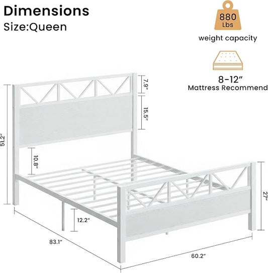 LIKIMIO Queen Bed Frame, Tall Modern Headboard 51.2 ", Platform Bed Frame with Strong Metal Support, Solid and Stable, Noise Free, No Box Spring Needed, Easy Assembly, White