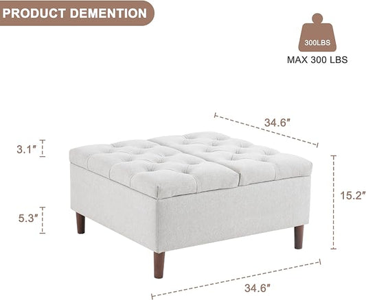 Weture 35 Inch Extra Large Storage Ottoman Coffee Table, No Assembly Required, Oversized Square Ottoman with Storage, Tufted Upholstered Ottomans Coffee Table for Living Room (Fabric, Light Grey)