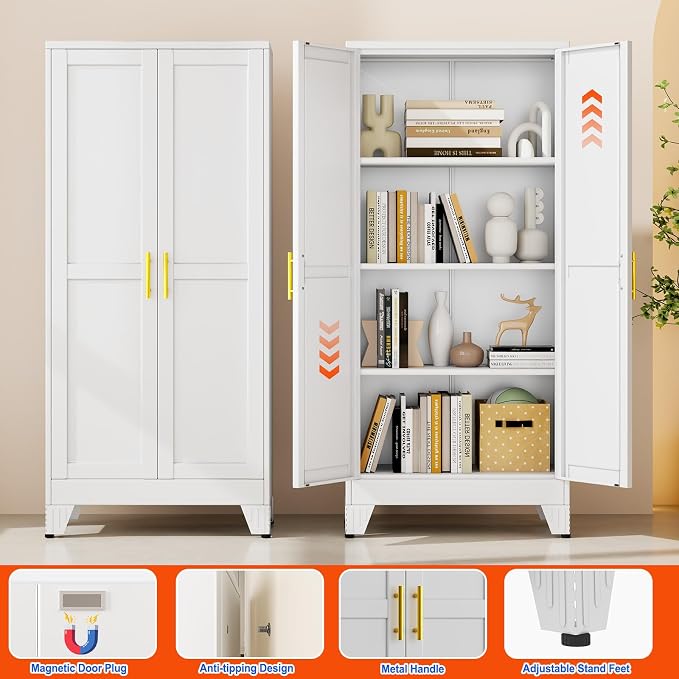 GAIOUS 61''Tall Metal Garage Storage Cabinet,File Cabinet with Door and Adjustable Shelves, Outdoor Steel Tool Cabinet for Home,Office,Warehouse,Garage,White