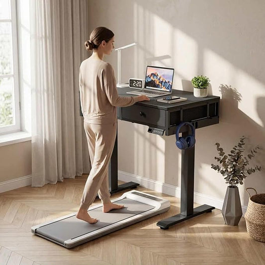 KLUVIS Black Sit Stand Desk with Drawers, 32 Inch Electric Standing Desk with Storage, Small Space Stand Up Computer Desks for Home Office Bedroom, Study Writing Desks for Walking Pad