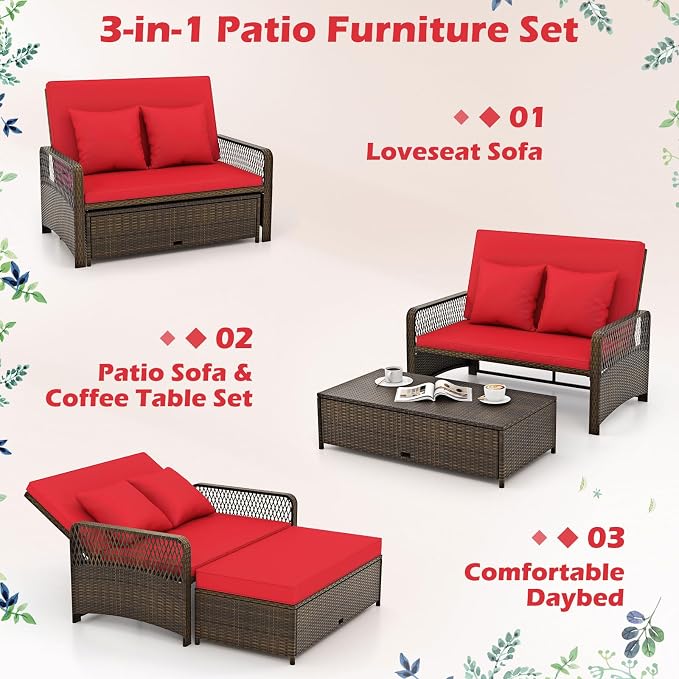 Tangkula Patio Adjustable Wicker Daybed, Rattan Loveseat & Storage Ottoman w/ 4-Level Backrest & Soft Cushions, Space-Saving 2-Person Sun Lounger for Backyard, Porch (Red)