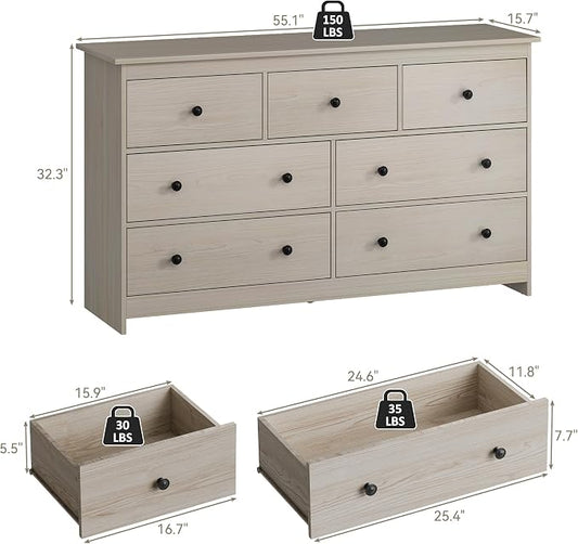 CARPETNAL Dresser for Bedroom, 7 Drawer Dresser 55” Wide Wood Chest of Drawers with Metal Handles, TV Stand, Furniture Storage Dressers Organizer for Living Room, Hallway, Entryway (Walnut)