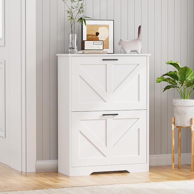 Homleke Farmhouse Shoe Cabinet for Entryway with 2 Barn-Style Flip Drawers, Narrow Shoe Storage Organizer with Top Display Shelf, Adjustable Shelves, Shoe Rack for Hallway, Closet- (White, 24" Wide)