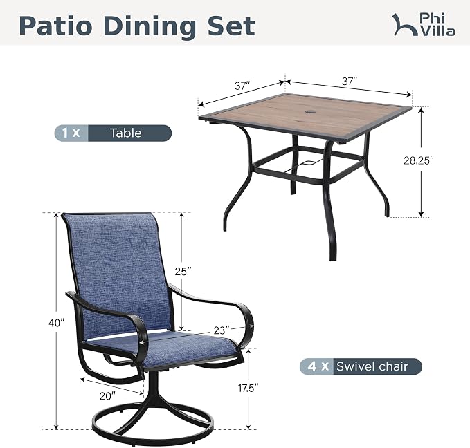 PHI VILLA 5 Piece Outdoor Patio Dining Set with 4 Swivel Dining Chairs & 1 Wood-Like Dining Table, All Weather Blue Textilene Mesh Fabric Chair and Square Metal Table for Deck Lawn Garden