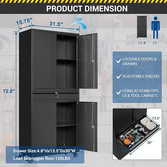 Fesbos 73" Metal Cabinet-Black Heavy Duty Rolling Storage Cabinet Steel Cabinets with Wheels, Shelves, Lockable Doors and Drawers- for Garage, Pantry, Warehouse - Assembly Required