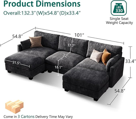 Sectional Couches for Living Room, U Shaped Modular Sectional Sofa, Cloud Couch with Storage Ottoman, Comfy Chenille Sofa with Pillow, Black