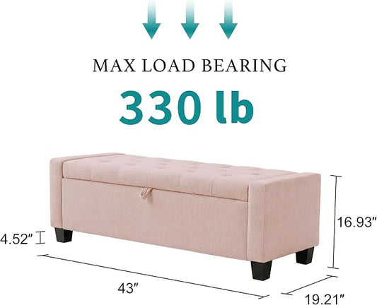 Huatean Home 43" Ottoman with Storage, Pink Storage Ottoman Bench with Safety Hinge, Upholstered Entryway Bench with Seating for Bedroom, Living Room, Holds up to 330 lb