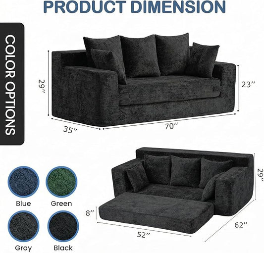 Boneless Couches 70", 3 Seater Boneless Couch with Pull Out Sofa Bed, Black Boneless Couch with 5 Pillows, Plush Velvet Sofa for Living Room & Bedroom