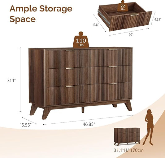 VINGLI Fluted Walnut Dresser 6 Drawer, Dark Brown Wood Dresser with Rounded Edges, Mid Century Modern Walnut Dressers for Bedroom, 46.8" W*15.5" D*31" H