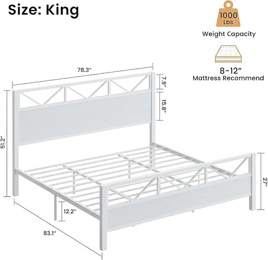 LIKIMIO King Size Bed Frame, Tall Modern Headboard 51.2 ", Platform Bed Frame with Strong Metal Support, Solid and Stable, Noise Free, No Box Spring Needed, Easy Assembly, White
