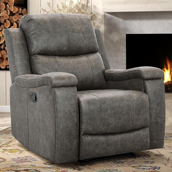 CANMOV Leather Recliner Chair Set of 2, Classic and Traditional Manual Recliner Chair with Overstuffed Arms and Back, Manual Single Sofa with Concealed Cup Holders,Grey
