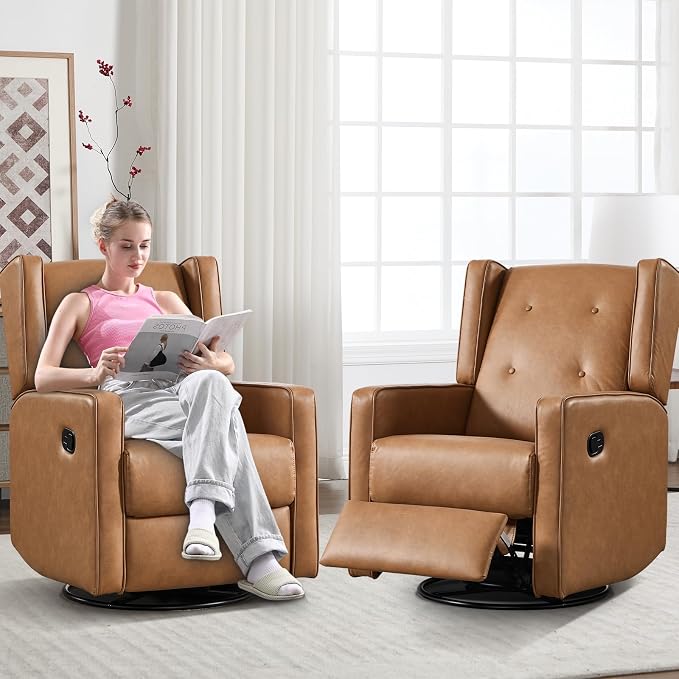 CANMOV Swivel Rocker Recliner Chair Set of 2, Nursery Glider Chair, Nursery Rocking Chairs, Manual Reclining Chair, Brown