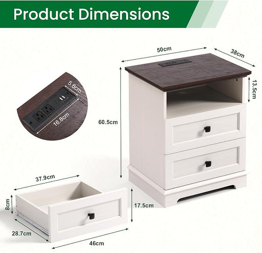 20-Inch Wide Modern Nightstand with Charging Station & Outlets, Bedside Table with 2 Drawers and Open Shelf, Sleek Design End Table for Bedroom and Office, White (Single Piece)