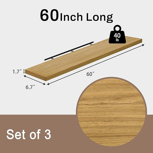 Floating Shelves for Wall, 60 Inch Extra Long Oak Floating Shelves, Set of 3, Hanging Invisible Brackets Floating Shelves for Living Room,Bedroom,and Kitchen (Light Brwon, 3T60IN)
