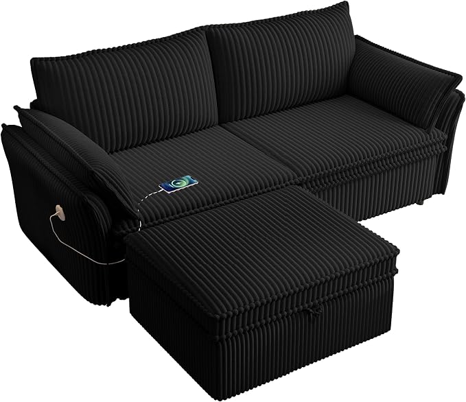 85" Pull Out Sofa Bed Full Size, Pre-Assembled Corduroy Sleeper Sofa, Convertible Loveseat Futon Couch with Storage Ottoman, USB, Pillows, for Apartment, Living Room, Small Spaces, Black