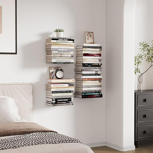 Wawocs Invisible Bookshelves for Wall, 6 Tier Floating Bookshelf Made of Heavy Duty Metal, Vertical Spine Book Tower Hanging Wall Bookshelf, Floating Book Shelves for Wall, 3 Pack White