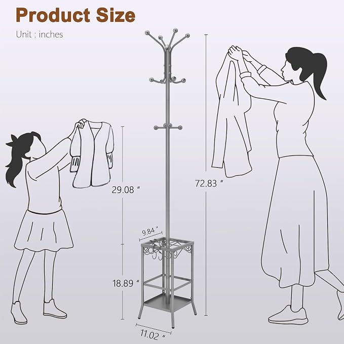 Hoctieon Coat Rack Freestanding With Umbrella Holder, Metal Coat Tree With 12 Hooks, Standing Hanger for Entryway, Hat Rack for Home Office, Gray