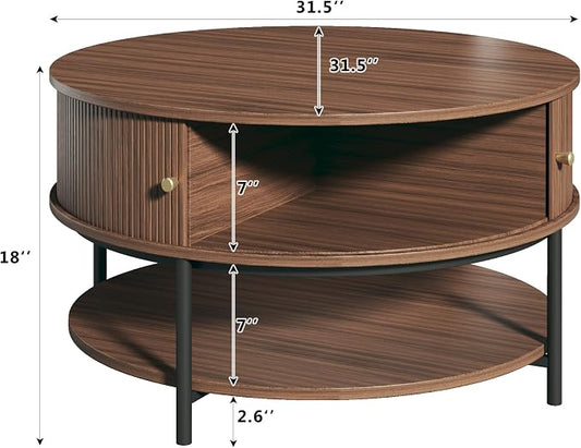 HUAHUU 31.5" Round Coffee Table with Storage, Mid Century Modern Coffee Table with Sliding Cabinet Door, Round Metal Legs, 3-Tier Small Round Coffee Tables for Living Room, Walnut