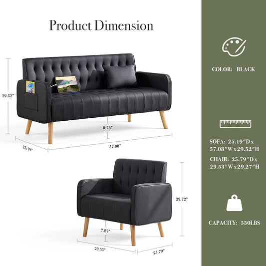 Black Leather Loveseat and Accent Chair, Small Couch w/USB Charging & Pockets, Mid Century Modern Tufted Love Seat and Chair Set, Mini Office Sofa for Living Room, Apartment