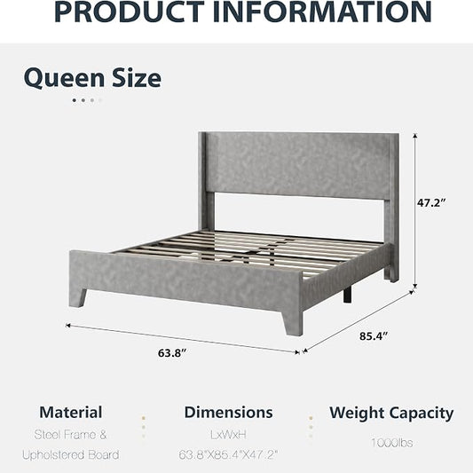 Queen Bed Frame with Faux Leather Upholstered Headboard, Wear-Resistant, Easy Clean, Mattress Foundation, No Box Spring Required, Easy Assembly, Grey