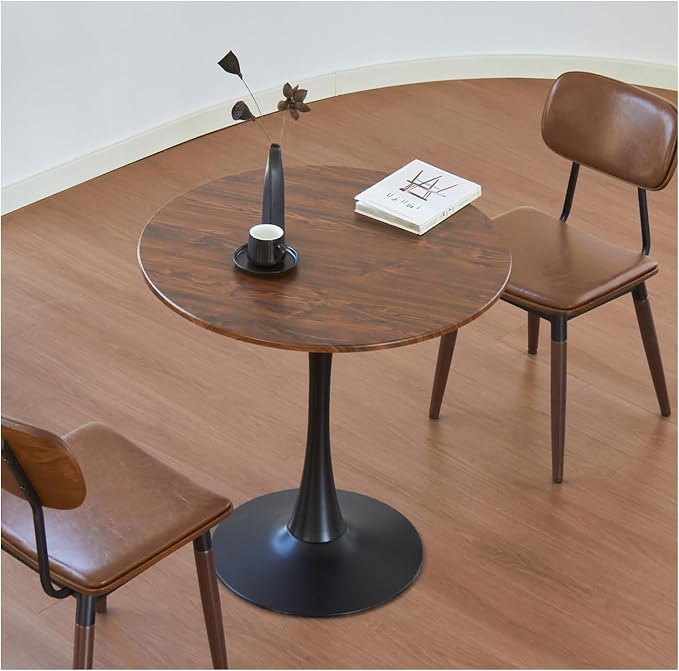 Round Dining Table, 24" Circle Tulip Table with Thickened Tabletop & Metal Pedestal, Mid Century Modern Bistro Table for Kitchen, Small Places, Living Room, Cafe (Faux Walnut)