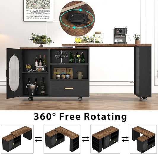 HSH 72" Rustic Kitchen Island with Storage, Mobile Farmhouse Kitchen Island Cart with Cabinet, Drawer & Shelves, Island Table on Wheels for Meal Prep, Dining Room & Home Bar, Rustic Brown & Black Oak