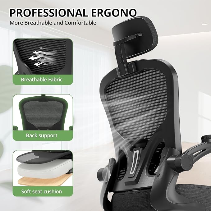 Office Chair, Ergonomic Desk Chair, 330LBS Capacity, High Back Computer Chair for Long Hours Comfortable, Rolling Swivel Executive Task Chair for Home Office with Flip-up Armrests
