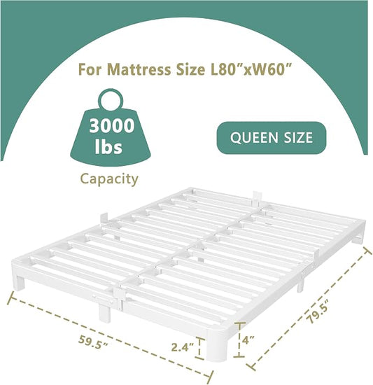 ITIMIDI 4 Inch White Queen Bed Frame, Metal Platform Bed Frames with Metal Gaskets, Heavy Duty Steel Support 3500 LBS, No Box Spring Needed, Anti-Slip Mattress Stopper, Easy Assembly