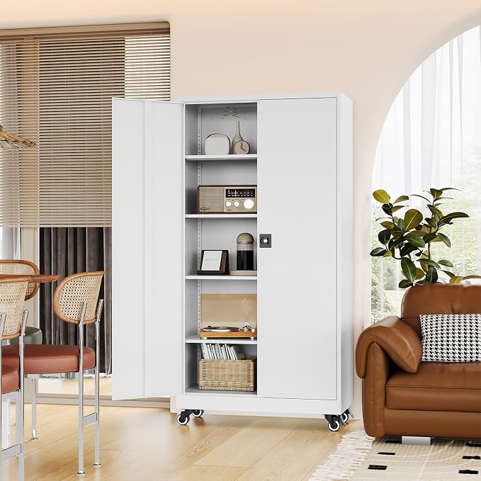 Fesbos Metal Rolling Storage Cabinet-74.6” Tall Steel File Cabinets with Wheels Lockable Doors and Adjustable Shelves-White Steel Storage Cabinet for Home, School, Office, Garage