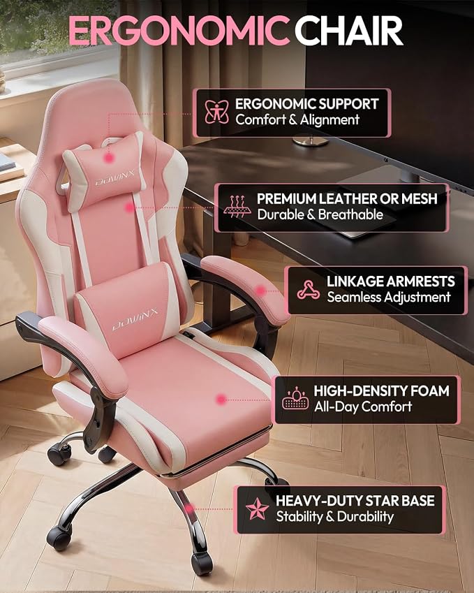 Dowinx Ergonomic Gaming Chair with Footrest & Massage Lumbar, 2D-Linkage Armrests for Computer Chair 330lbs with Headrest Pillow for Office, Home, Streaming and Long Gaming Sessions, Bright Pink