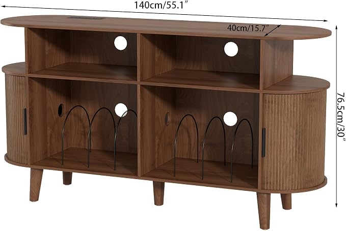 LUVIOHOME Large Round Record Player Stand with Charging Station & USB Ports,Record Storage Cabinet, Mid Century Modern Turntable Stand for Bedroom Living Room (Walnut)