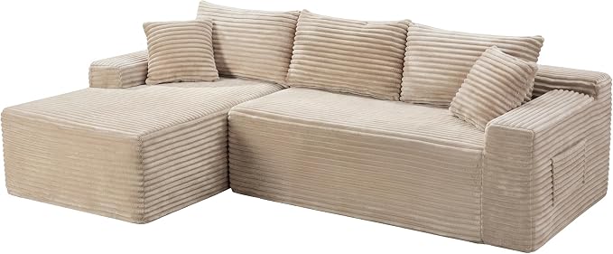 105-Inch L-Shaped Left Facing Corner Compressed Sofa Modular Sectional Boneless Cloud Sofa Floor Foam Couch with Chaise Lounge, Corduroy Corner Boneless Cloud Couch