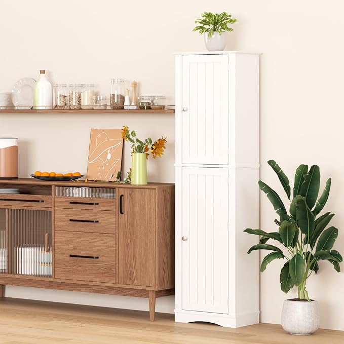 Function Home Tall Storage Cabinet, 64" Narrow Bathroom Cabinets, Freestanding Kitchen Pantry with Door Storage Shelves, Wooden Slim Floor Cabinets for Kitchen Dining Living Room, White