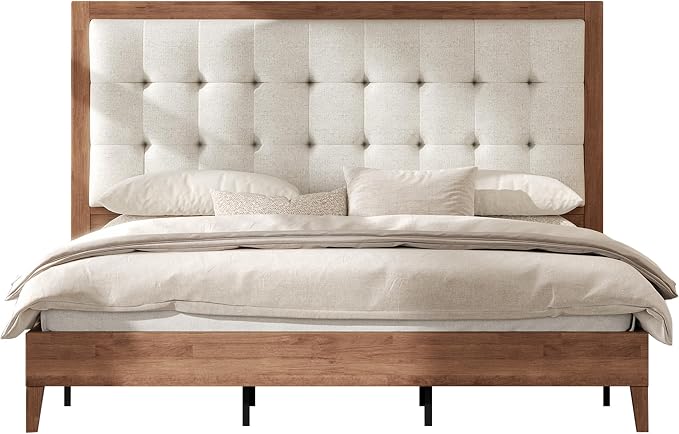 AMERLIFE Queen Bed Frame with Headboard, Solid Wooden Bed Frame Queen Size Platform Bed Mid-Century Style, No Box Spring Required, Walnut
